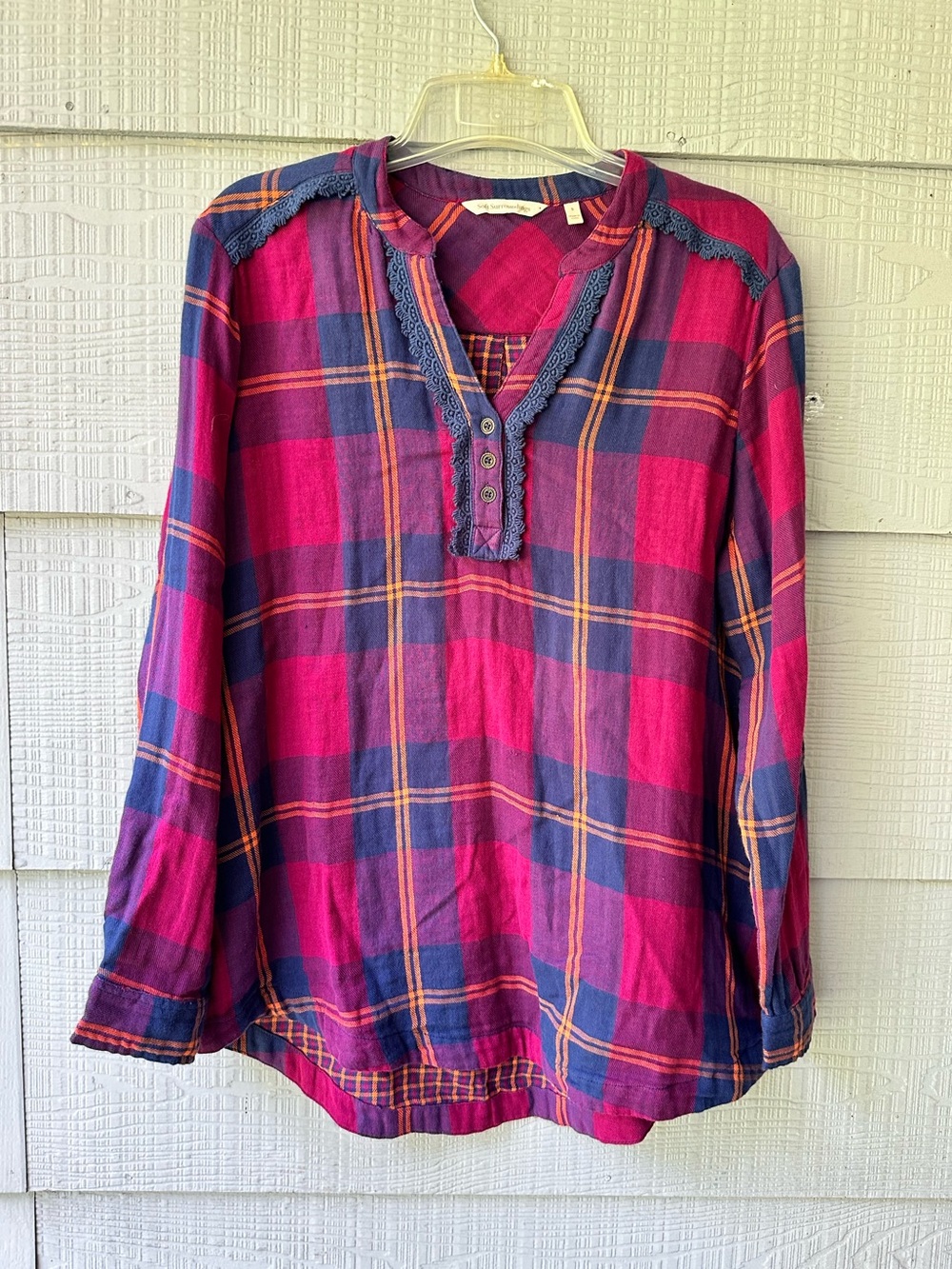 Soft Surroundings Plaid Henley Lace-trim neckline Tunic/Blouse Relaxed Fit~S